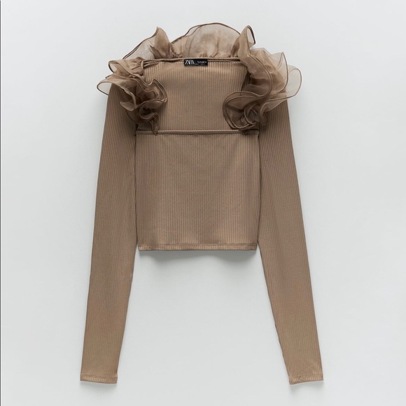ZARA BROWN ORGANZA LONG SLEEVE TOP SIZE M - Picture 1 of 6